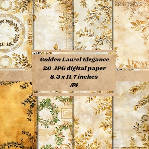 Golden Laurel Elegance Digital Paper, Greek travel vintage textured paper, scrapbooking  textures, laurel wreath  paper instant download