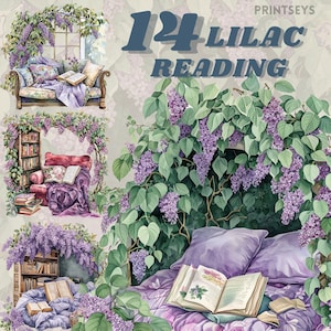 Aquarelle Cosy Lilac Nooks, paquet de cliparts, cottagecore, coin de lecture floral printanier, téléchargement instantané, autocollant numérique, lecture, livres