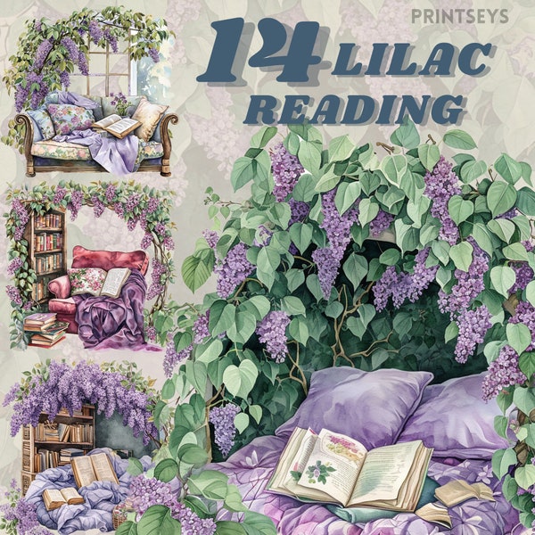 Watercolour Cozy Lilac Nooks, clipart bundle, cottagecore, spring floral reading corner, instant download, digital sticker, reading, books