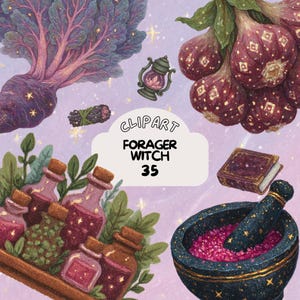 Peut inclure: Illustration numérique avec des éléments de sorcellerie. Comprend un légume-racine violet, des bottes d'herbes, des flacons de potion, une lanterne, un mortier et un pilon, et un petit livre. Le texte "CLPART FORAGER WITCH 35" est également présent.