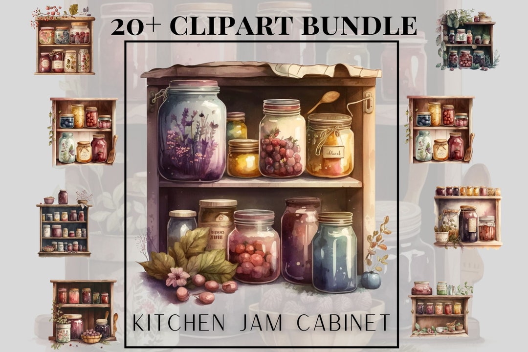 Watercolour Rustic Kitchen Cabinet Clipart Bundle, Jars of Jams ...