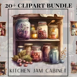 May include: A watercolor illustration of a kitchen cabinet filled with jars of jam. The cabinet has two shelves and is made of wood. The jars are filled with different types of jam, including berries, fruit, and flowers. The jars are arranged in a random order. The text "KITCHEN JAM CABINET" is written below the cabinet.