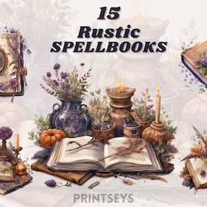Watercolour Rustic Spellbook clipart bundle, cottagecore, mystical clipart, witchcraft png clipart, pagan clipart png, pagan png, occult
