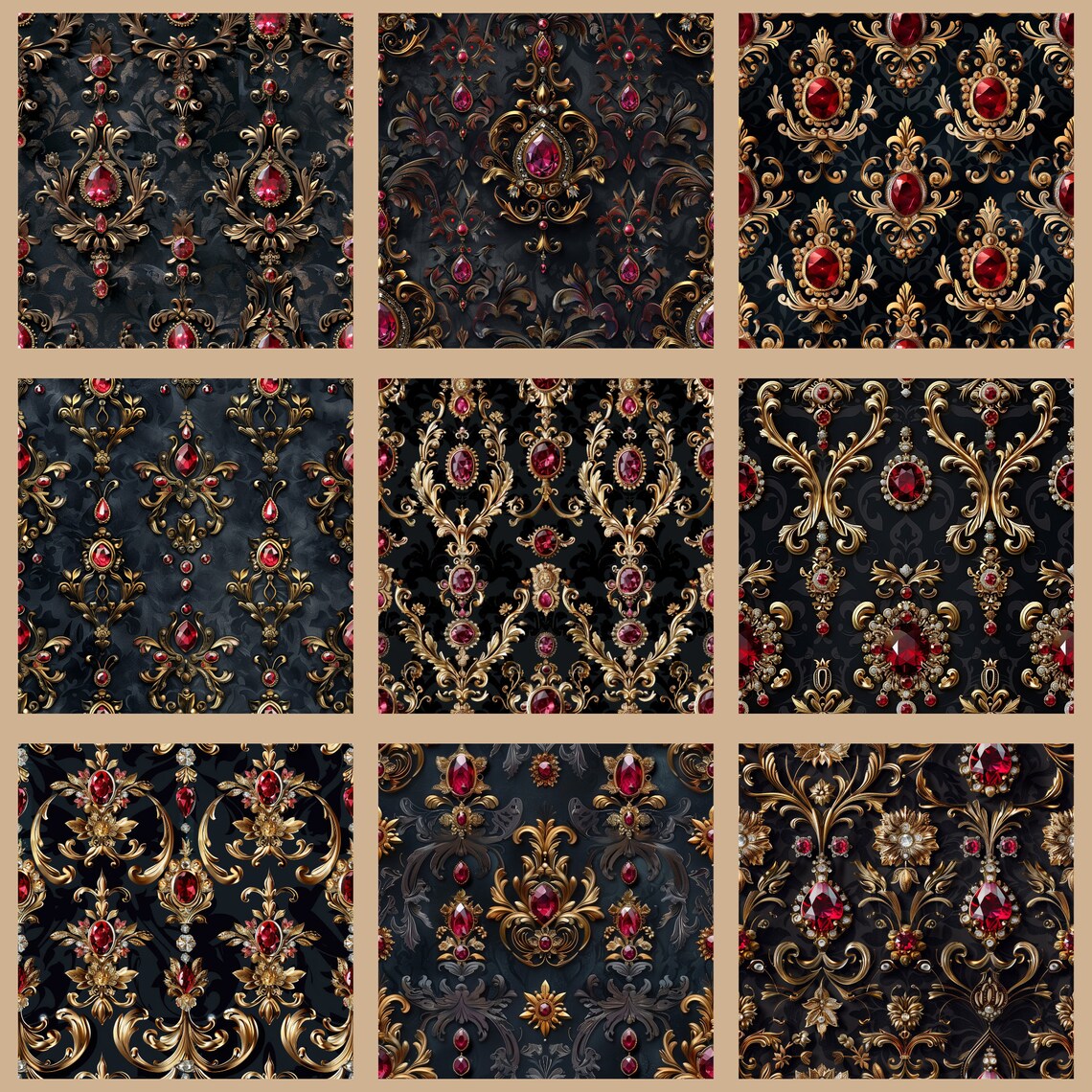 Ruby Patern Baroque Gold Ruby Pattern Digital Paper,vintage Rococo Diamond Seamless ...