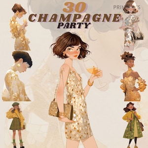 Paquete de pegatinas digitales de fiesta de champán de Año Nuevo, imágenes prediseñadas de trajes brillantes, png de celebración, imágenes prediseñadas de moda vintage, muñecas de papel, scrapboo