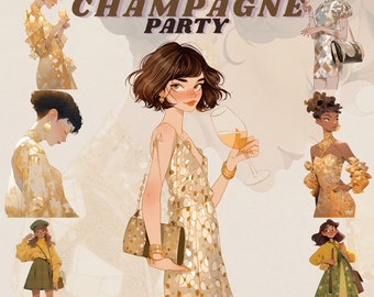 New Year  Champagne party digital sticker bundle, sparkling outfits clipart, celebration png, vintage fashion clipart, paper dolls, scrapboo