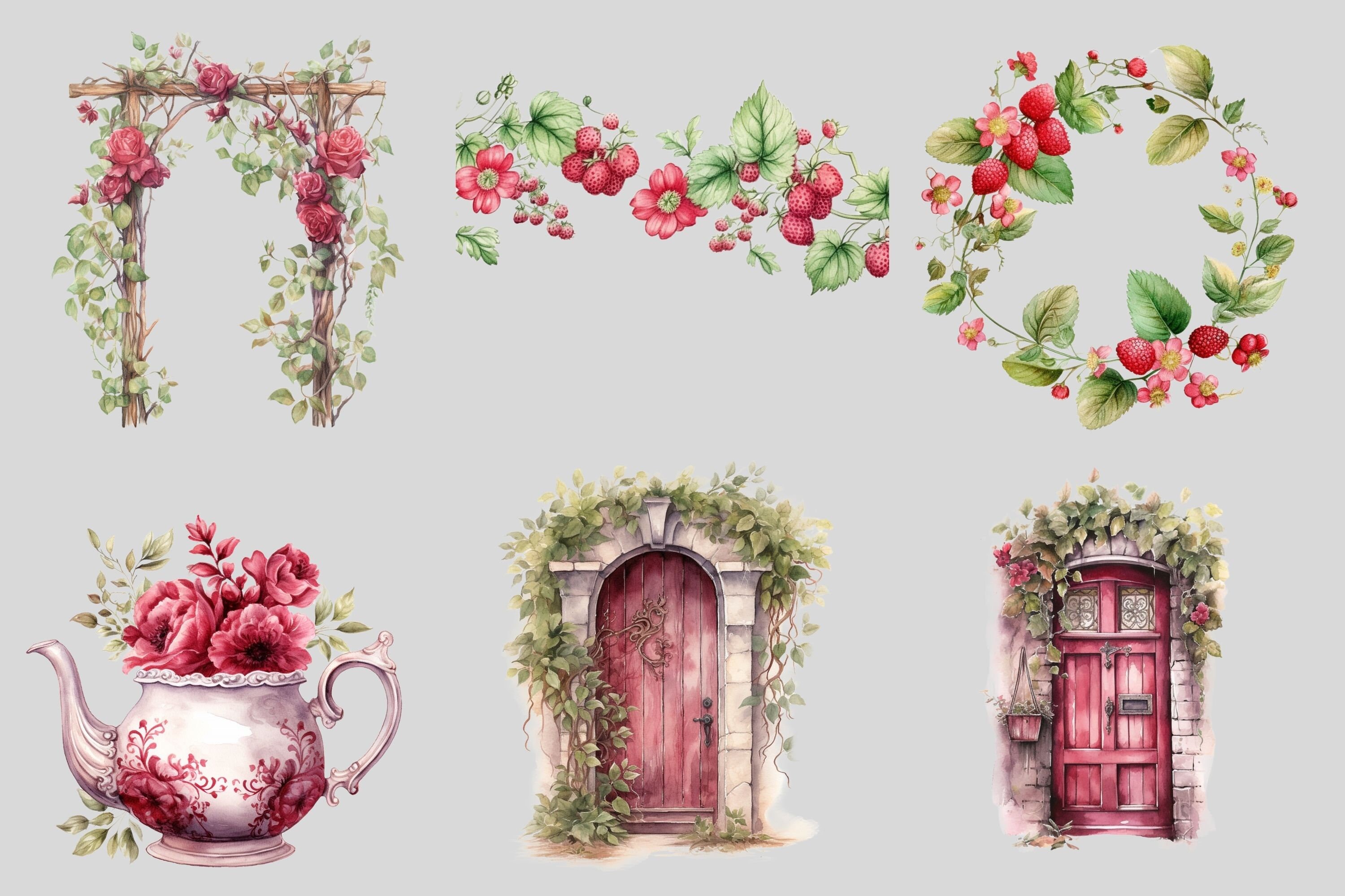 Watercolour Raspberry Cottagecore Clipart Bundle , Cottage Living, Farm ...