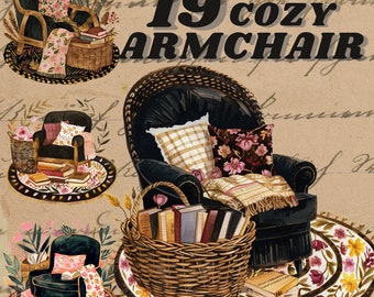 cozy vintage armchair digital stickers, cozy cottagecore clipart bundle, relaxing clipart, furniture png, scrapbooking, vintage, rustic