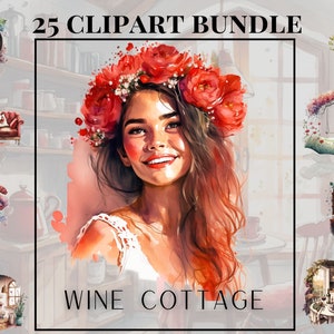 Pacchetto clipart acquerello Vinery Cottagecore, vita in cottage, vita agricola, campagna, polli, vita rustica, rosso, vino