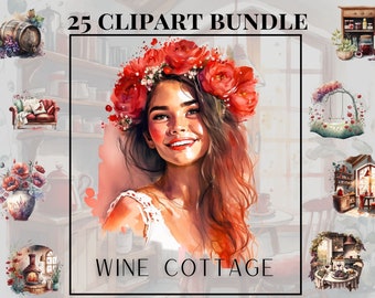 Watercolour Vinery Cottagecore Clipart Bundle , Cottage living, farm life, countryside, chickens, rustic living, red ,wine
