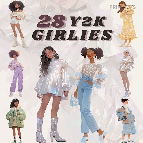 Stylish Y2K girlies fashion outfit clipart bundle, fun aesthetic png, mystical, 2000s, transparent , instant download, vintage fashion