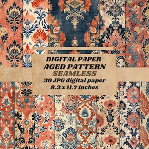 May include: A digital paper pack with 30 seamless aged patterns in red, blue, and white. The patterns feature a damask design with floral motifs. The digital paper is 8.3 x 11.7 inches.