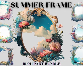 May include: A set of 19 digital clipart images featuring ornate frames decorated with colorful summer flowers and a blue sky background.  The frames are perfect for adding a touch of whimsy and charm to your digital designs.
