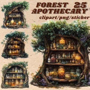 Aquarelle forêt apothicaire cabinet clipart, png wicca, clipart magique, clipart mystique, sorcellerie png clipart, païen, sticker numérique