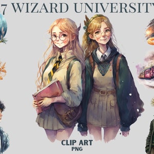 Watercolour Wizard academy clipart, magic academy png bundle, spells, school uniform, owl, key, Witch and Wizard Supplies