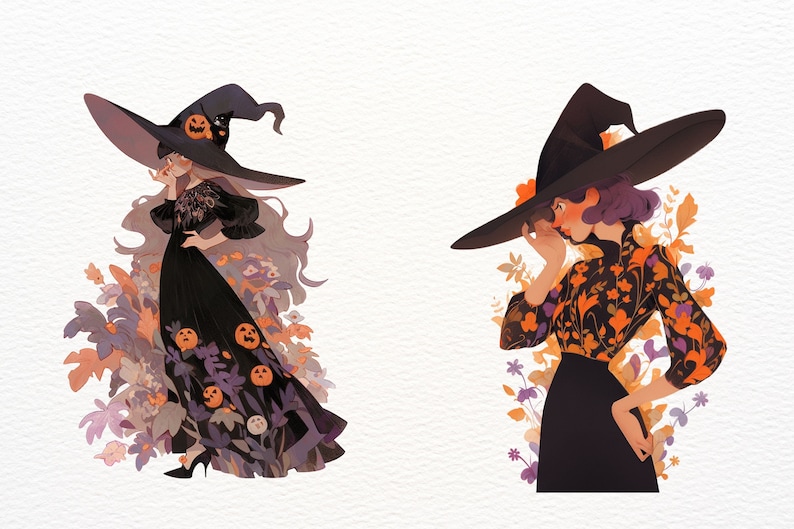 Vintage Halloween Witches clipart bundle, chic clipart, folk art, abstract, scary clipart, autumn clipart, wiccan clipart, occult, scrapbook image 2