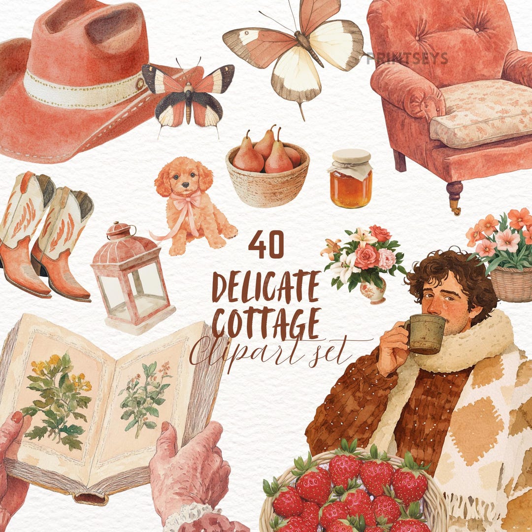Rustic Cottagecore Watercolor Clipart Set Cozy Cottage Digital Stickers
