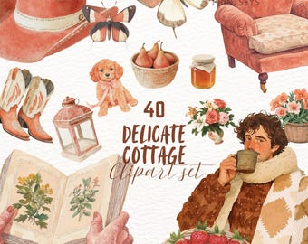 Rustic Cottagecore Watercolor Clipart Set Cozy Cottage Digital Stickers, Vintage Aesthetic PNG, Planner Graphics Instant Download Commercial