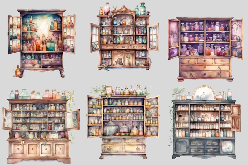 Watercolour Witches Apothecary Cabinet Clipart, Wiccan png, magic clip art, mystical clipart, witchcraft png clipart, pagan . clipart bundle image 4