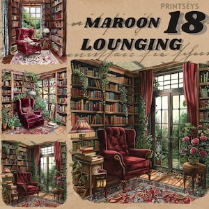 Può includere: Una poltrona color marsala con un tappeto a motivi floreali in un ambiente da biblioteca con librerie piene di libri. La stanza ha una grande finestra con vista su un giardino. Il testo "Maroon 18 Lounging" è stampato sul muro.