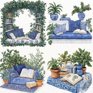 Puede incluir: Cuatro ilustraciones de acuarela de acogedores rincones de lectura con muebles de patrones azules y blancos, libros y exuberante vegetaci&oacute;n. Las ilustraciones son perfectas para agregar un toque de fantas&iacute;a y encanto a cualquier decoraci&oacute;n del hogar.
