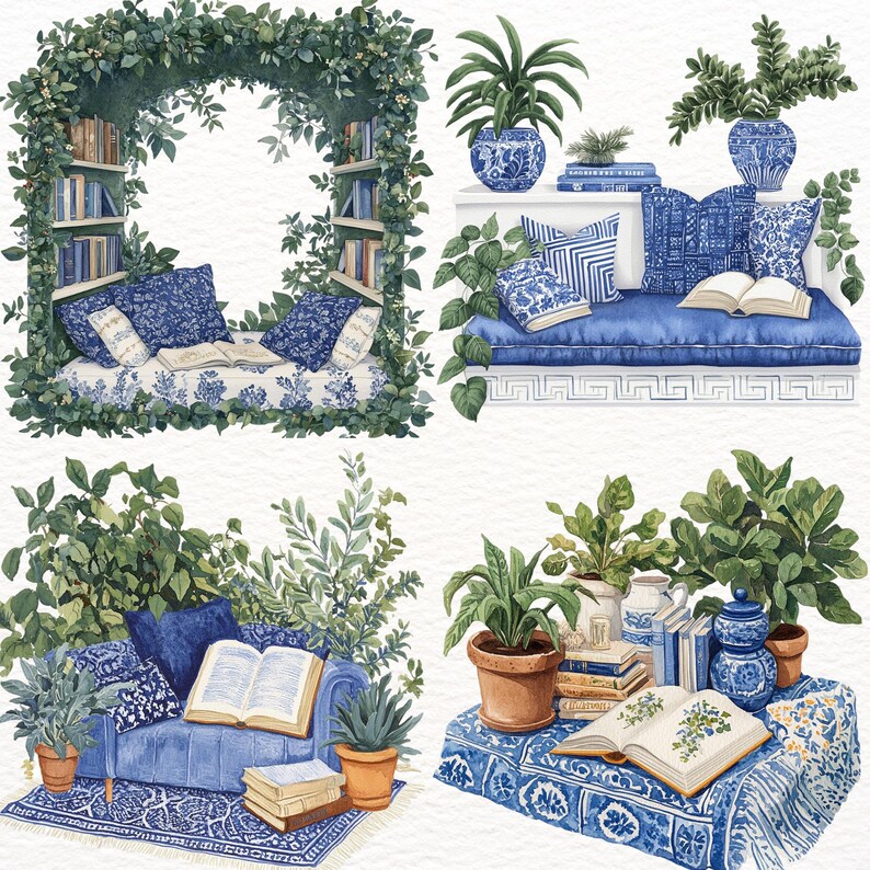 Puede incluir: Cuatro ilustraciones de acuarela de acogedores rincones de lectura con muebles de patrones azules y blancos, libros y exuberante vegetaci&oacute;n. Las ilustraciones son perfectas para agregar un toque de fantas&iacute;a y encanto a cualquier decoraci&oacute;n del hogar.