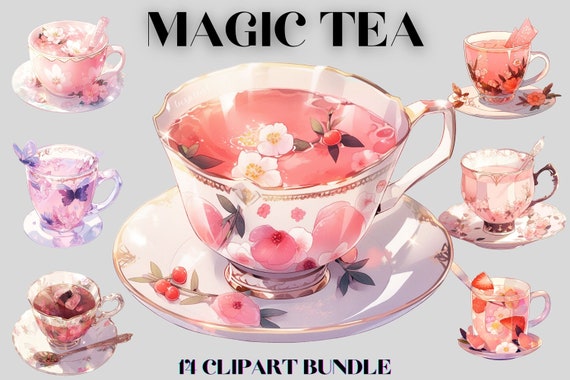 Cute Fantasy Tea Clipart Bundle, Dreamy aesthetic, anime style clipart, girly clipart, tea, drinks, fantasy