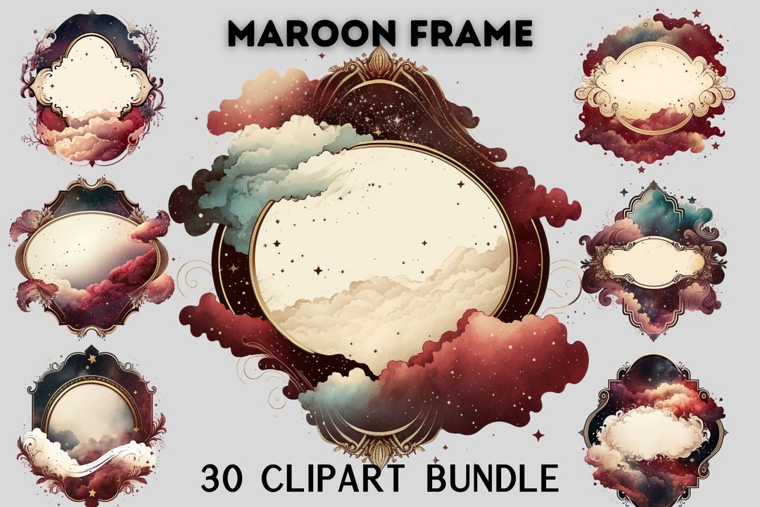 Watercolour Celestial Maroon Frame Clipart Bundle, Gold and Black Stars ...