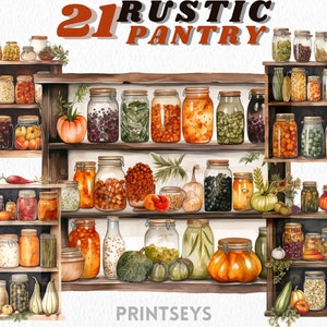 Watercolour Cozy rustic pantry, clipart bundle, cottagecore, cozy fall, transparent, instant download,jam, preservatives, pickles,