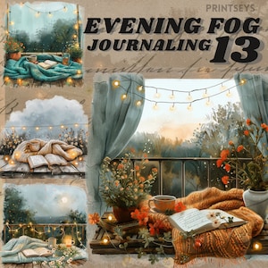 Etiqueta engomada digital del diario de niebla nocturna de acuarela, paquete de imágenes prediseñadas, pegatina digital del diario de la noche de verano, lectura serena de niebla, álbum de recortes,