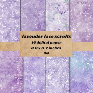 Puede incluir: Un conjunto de 16 papeles digitales con un fondo lavanda con volutas de encaje blanco y diseños florales. Los papeles miden 8,3 x 11,7 pulgadas, tamaño A4.  "lavender lace scrolls" está escrito en el centro de la imagen.