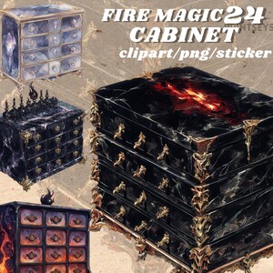 May include: Three ornate cabinets with intricate details. The top cabinet is light blue with gold accents. The middle cabinet is black with gold accents and a marble top. The bottom cabinet is black with gold accents and a red and orange marble top. The text "FIRE MAGIC 24 CABINET clipart/png/sticker" is visible in the image.