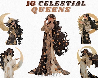 Najlepszy pakiet clipartów niebiańskiej bogini, magiczna okultystyczna niebiańska królowa, natychmiastowe pobieranie, wiccańskie scrapbooking, znak zodiaku, astrologia, fantasy