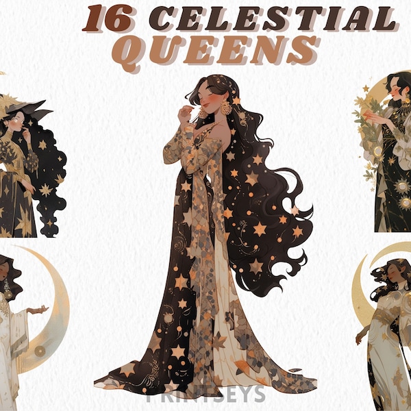 Best celestial goddess clipart bundle, magical occult celestial queen, instant download, wiccan scrapbooking, starsign, astrology, fantasy