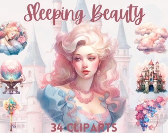 Watercolour Fairytale Sleeping Beauty Clipart Bundle, princess clipart, Aurora clipart, feminine clipart bundle, scrapbooking