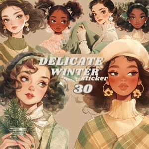 Salie en crème vrouwelijke winter digitale stickers, esthetische journaling, donkere vrouwelijke png, schattige grillige sticker, transparant, plakboek