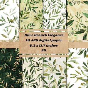 Carta digitale Olive Branch Elegance, carta strutturata vintage da viaggio greca, texture per scrapbooking, download istantaneo di carta verde e oro