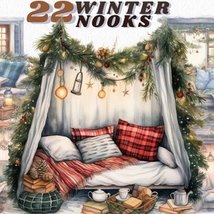 Watercolour Cozy Winter Nooks, clipart bundle, cottagecore, homey png, transparent, instant download, winter cottage clipart, reading