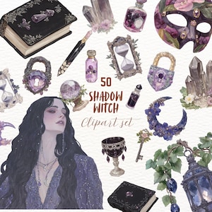 Shadow Witch Clipart bundel hemelse wicca sticker set magische goodnote stickers transparante png journaling scrapbooking occulte afbeelding