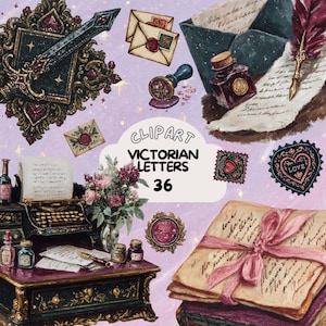 Könnte beinhalten: Viktorianisches Clipart-Set mit Vintage-Briefen, Umschlägen, Briefmarken, Tintenfässern, einer Schreibmaschine und dekorativen Rahmen. Das Bild zeigt den Text "Clipart Victorian Letters 36" auf einem lavendelfarbenen Hintergrund mit einem verspielten Design.