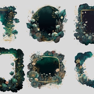 May include: Six digital illustrations of gold frames with green and gold floral accents. The frames are set against a white background.