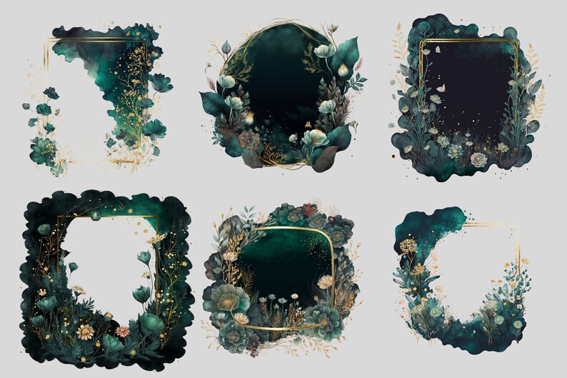 May include: Six digital illustrations of gold frames with green and gold floral accents. The frames are set against a white background.