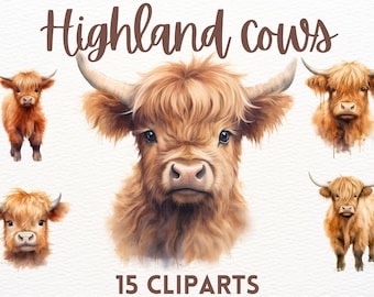 Lindo paquete de imágenes prediseñadas de vaca Highland de acuarela, animales lindos, imágenes prediseñadas de vaca, imágenes prediseñadas lindas, imágenes prediseñadas de animales