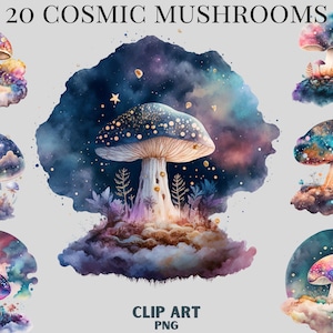 Watercolour Cosmic Mystical Mushrooms clipart Bundle , Occult mushrooms, stars, planets, dreamu clipart,trippy, occult
