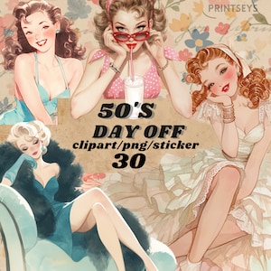 50's vrije dag dames digitale stickers, vrouwelijke vintage journaling, romantische girly png, grillige sticker, transparant, scrapbooking, leesgrage