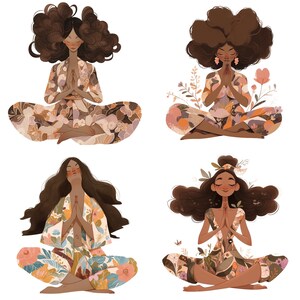 May include: Four women with brown hair and brown skin are sitting in a yoga pose. They are wearing floral patterned dresses and have their hands clasped in front of their chests. The women are surrounded by flowers and greenery.