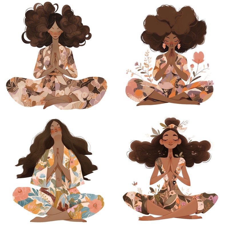 May include: Four women with brown hair and brown skin are sitting in a yoga pose. They are wearing floral patterned dresses and have their hands clasped in front of their chests. The women are surrounded by flowers and greenery.