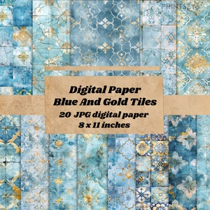 Carta digitale per piastrelle in oro blu mediterraneo, carta ruvida vintage da viaggio greco, trame per scrapbooking, download istantaneo di carta per mosaico blu