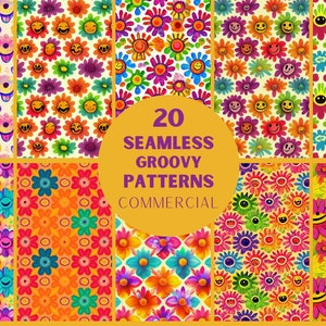 Groovy 60s Psychedelic digital paper, seamless pattern, bright colours, fabric pattern, fun floral pattern, scrapbooking, commercial, bundle