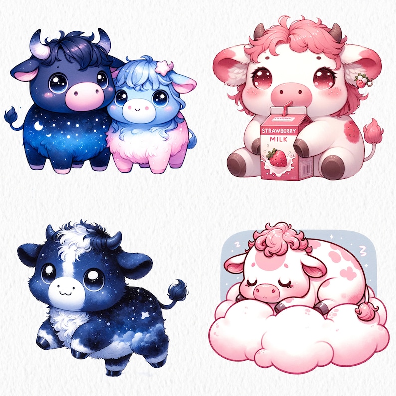 Pu&ograve; includere: Quattro illustrazioni di mucche cartoon. Le prime due sono una mucca blu e bianca con un motivo a cielo stellato e una mucca blu chiaro con un corpo bianco e soffice. Le successive due sono una mucca rosa con una confezione di latte alla fragola e una mucca rosa che dorme su una nuvola.